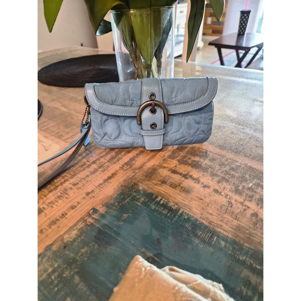 Coach Blue Quilted Signature Nylon Wristlet Buckle Pouch Bag
